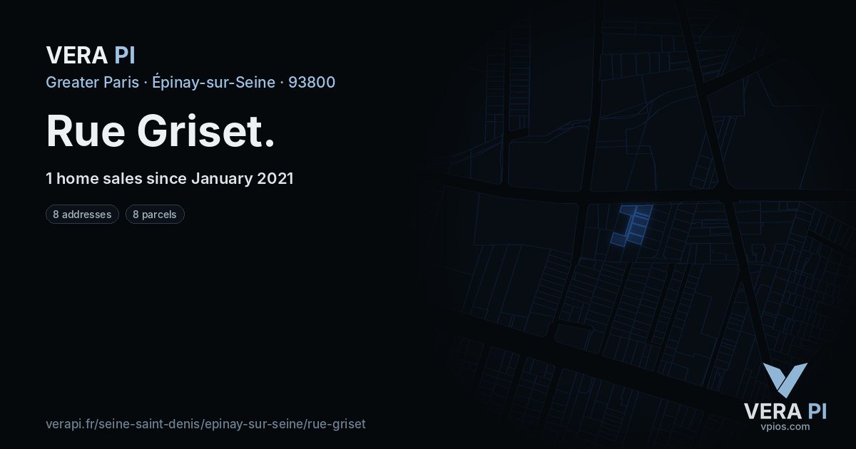 Rue Griset, Épinay-sur-Seine at night – every parcel coloured by the prices around it, the street's own parcels lit