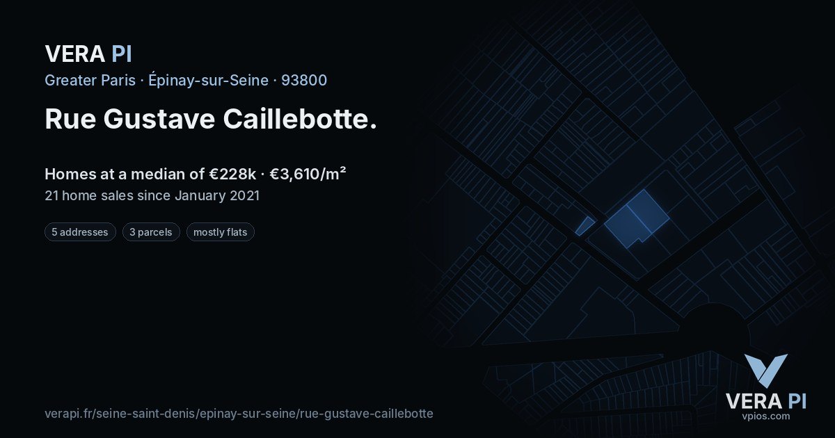 Rue Gustave Caillebotte, Épinay-sur-Seine at night – every parcel coloured by the prices around it, the street's own parcels lit