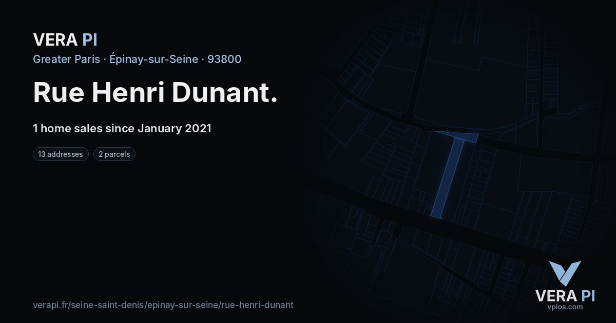 Rue Henri Dunant, Épinay-sur-Seine at night – every parcel coloured by the prices around it, the street's own parcels lit