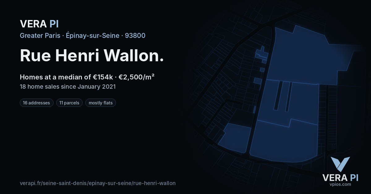 Rue Henri Wallon, Épinay-sur-Seine at night – every parcel coloured by the prices around it, the street's own parcels lit