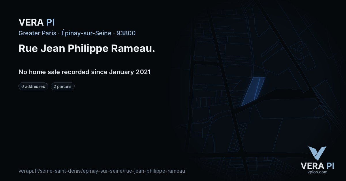 Rue Jean Philippe Rameau, Épinay-sur-Seine at night – every parcel coloured by the prices around it, the street's own parcels lit