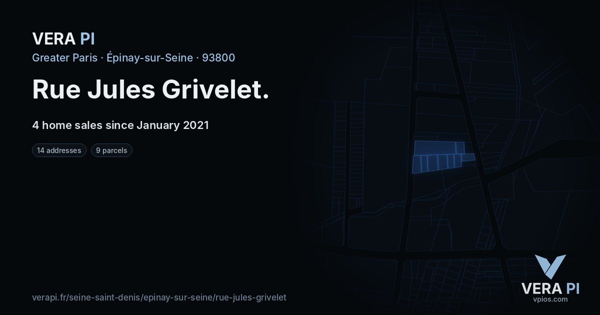 Rue Jules Grivelet, Épinay-sur-Seine at night – every parcel coloured by the prices around it, the street's own parcels lit