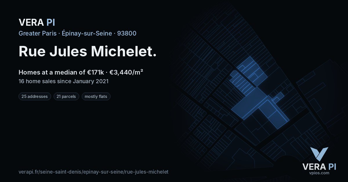 Rue Jules Michelet, Épinay-sur-Seine at night – every parcel coloured by the prices around it, the street's own parcels lit
