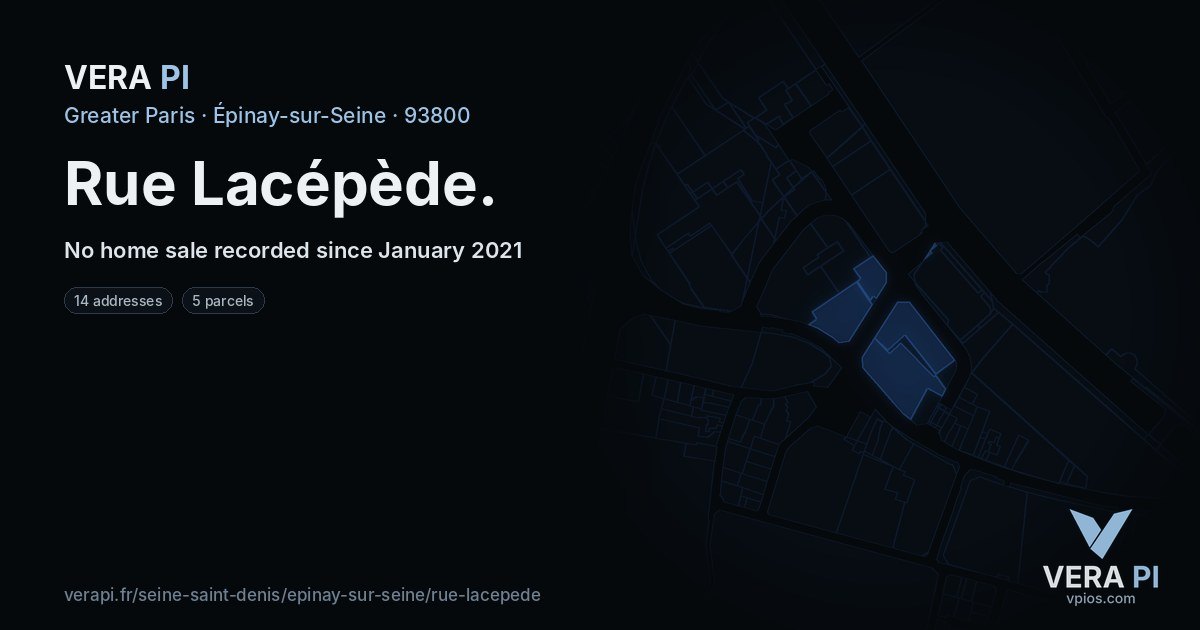 Rue Lacépède, Épinay-sur-Seine at night – every parcel coloured by the prices around it, the street's own parcels lit