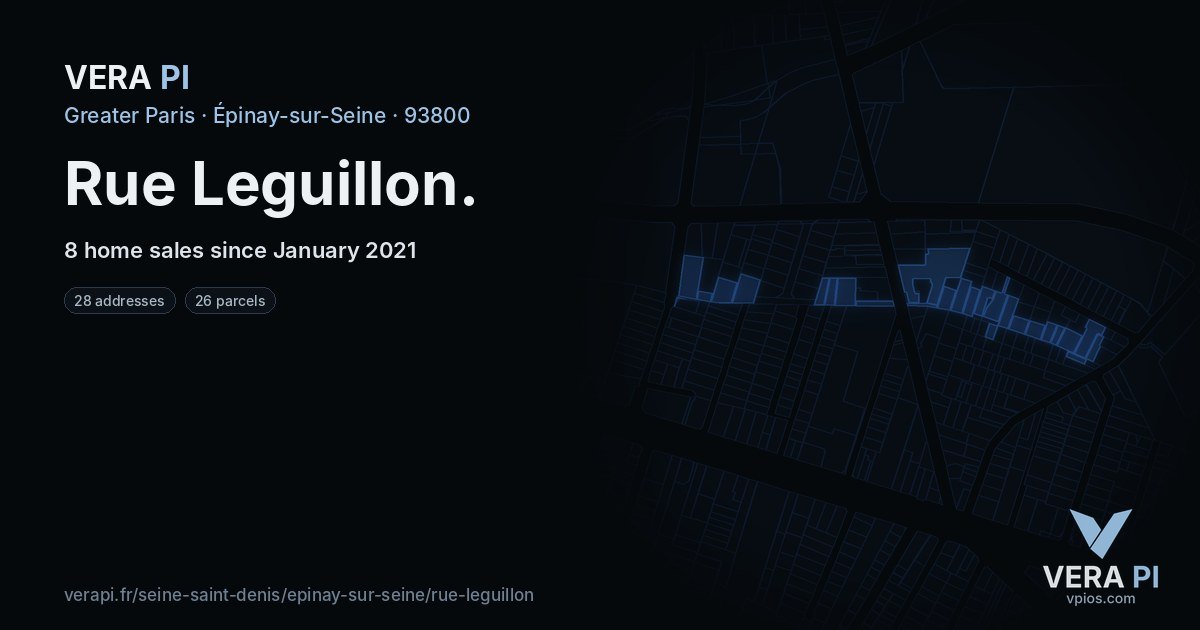 Rue Leguillon, Épinay-sur-Seine at night – every parcel coloured by the prices around it, the street's own parcels lit