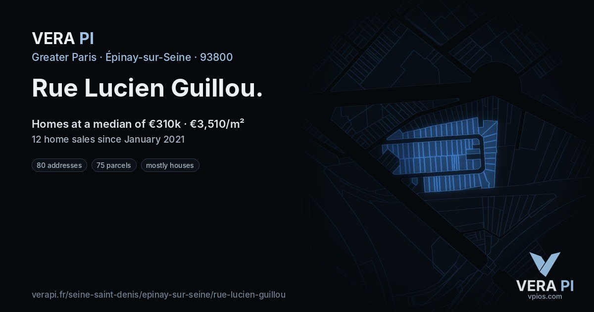 Rue Lucien Guillou, Épinay-sur-Seine at night – every parcel coloured by the prices around it, the street's own parcels lit