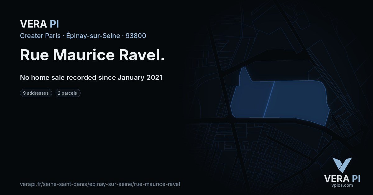Rue Maurice Ravel, Épinay-sur-Seine at night – every parcel coloured by the prices around it, the street's own parcels lit