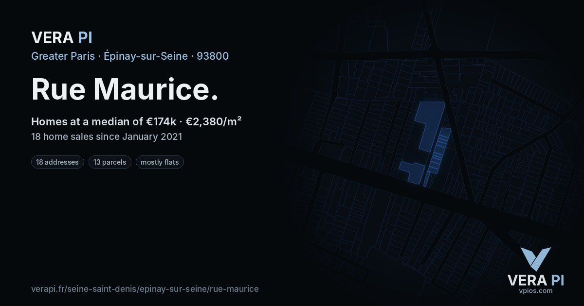 Rue Maurice, Épinay-sur-Seine at night – every parcel coloured by the prices around it, the street's own parcels lit