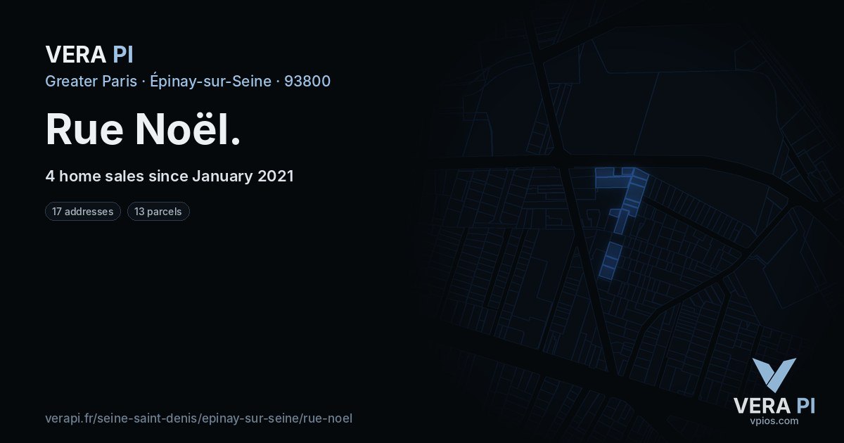 Rue Noël, Épinay-sur-Seine at night – every parcel coloured by the prices around it, the street's own parcels lit
