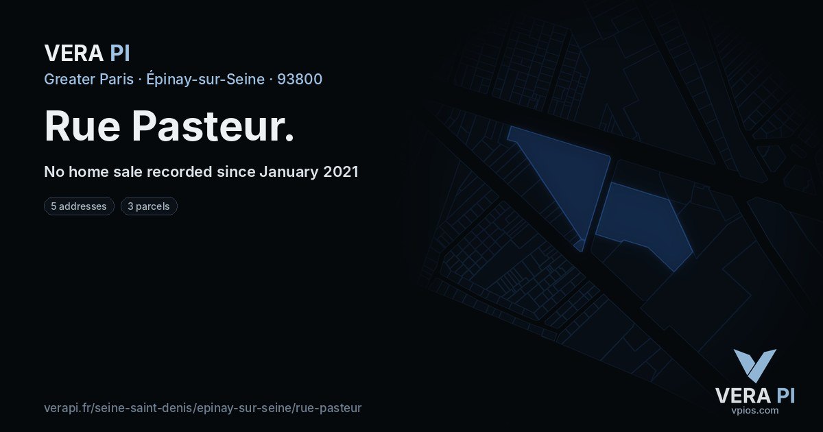 Rue Pasteur, Épinay-sur-Seine at night – every parcel coloured by the prices around it, the street's own parcels lit