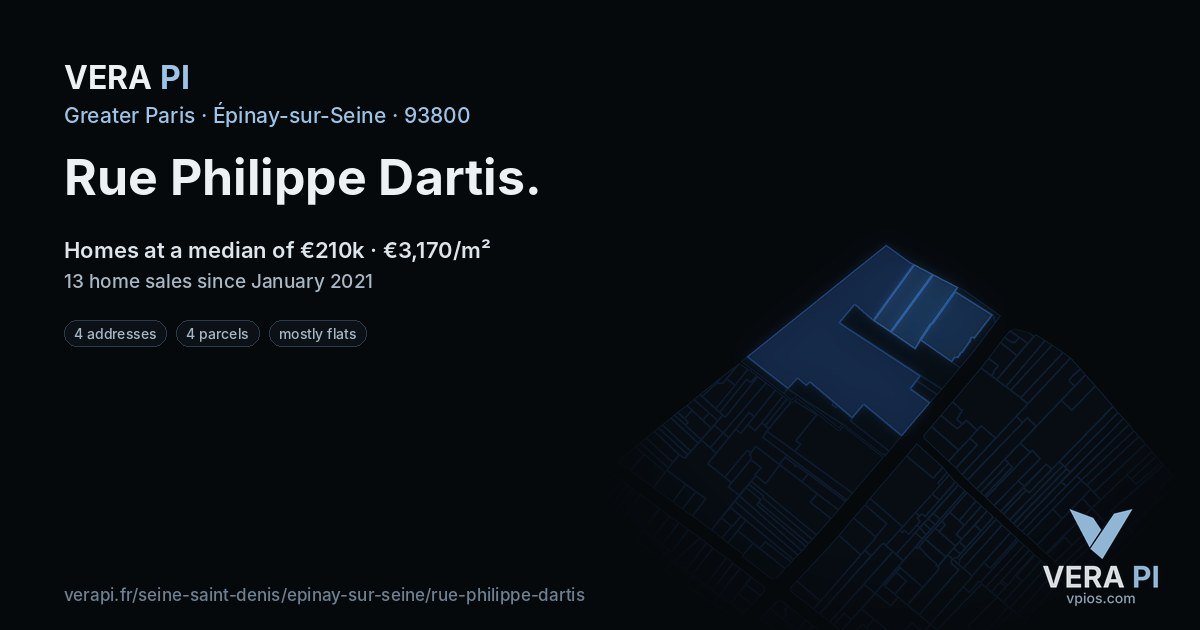 Rue Philippe Dartis, Épinay-sur-Seine at night – every parcel coloured by the prices around it, the street's own parcels lit
