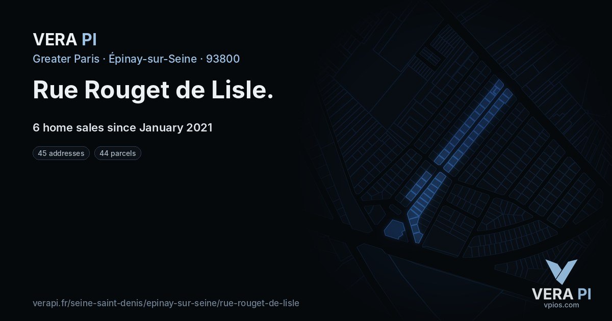 Rue Rouget de Lisle, Épinay-sur-Seine at night – every parcel coloured by the prices around it, the street's own parcels lit