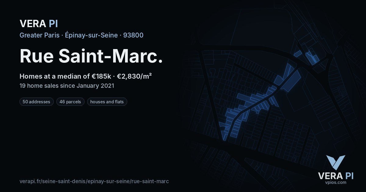 Rue Saint-Marc, Épinay-sur-Seine at night – every parcel coloured by the prices around it, the street's own parcels lit