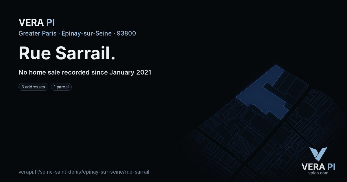 Rue Sarrail, Épinay-sur-Seine at night – every parcel coloured by the prices around it, the street's own parcels lit