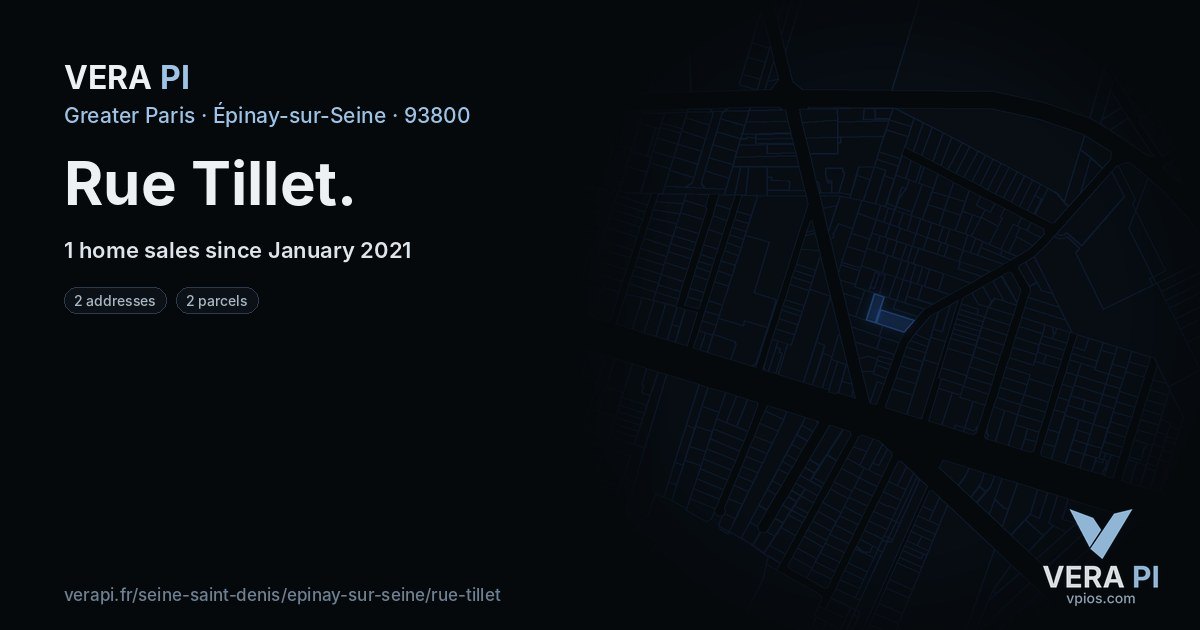 Rue Tillet, Épinay-sur-Seine at night – every parcel coloured by the prices around it, the street's own parcels lit