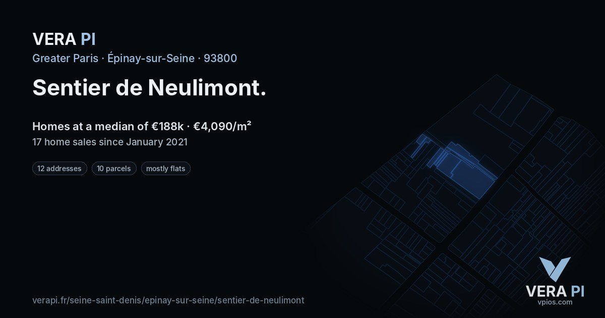 Sentier de Neulimont, Épinay-sur-Seine at night – every parcel coloured by the prices around it, the street's own parcels lit