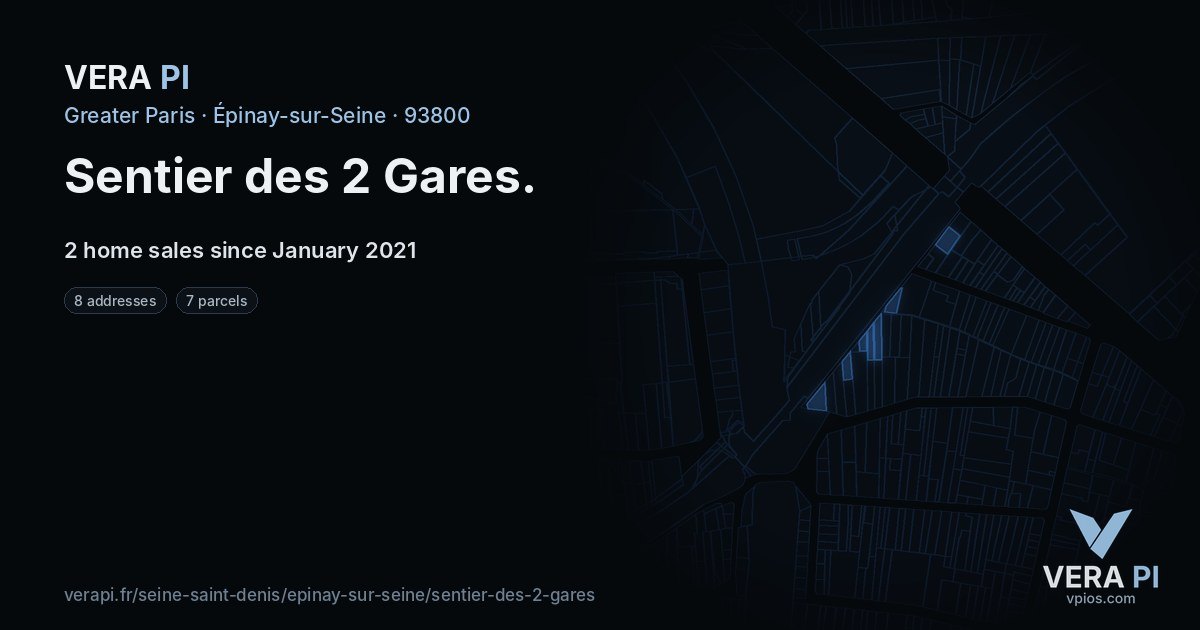 Sentier des 2 Gares, Épinay-sur-Seine at night – every parcel coloured by the prices around it, the street's own parcels lit