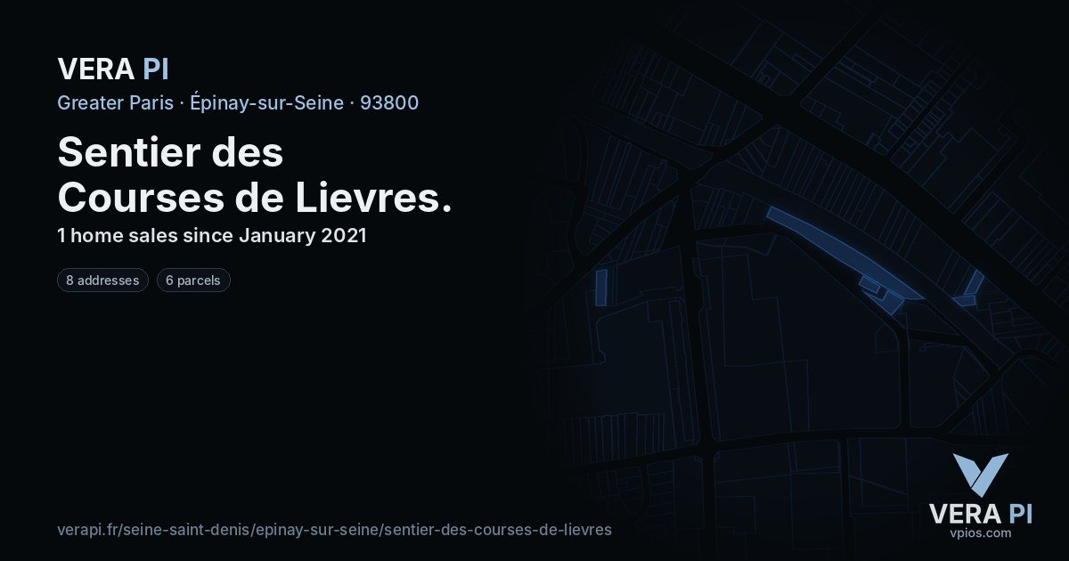 Sentier des Courses de Lievres, Épinay-sur-Seine at night – every parcel coloured by the prices around it, the street's own parcels lit