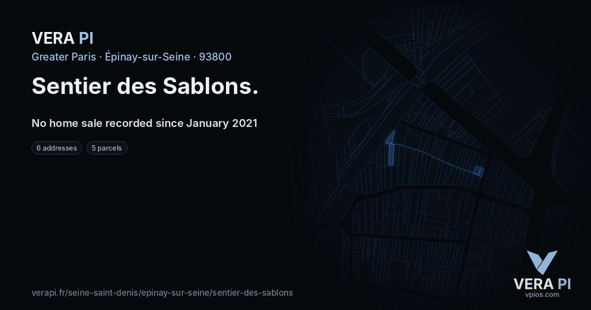 Sentier des Sablons, Épinay-sur-Seine at night – every parcel coloured by the prices around it, the street's own parcels lit