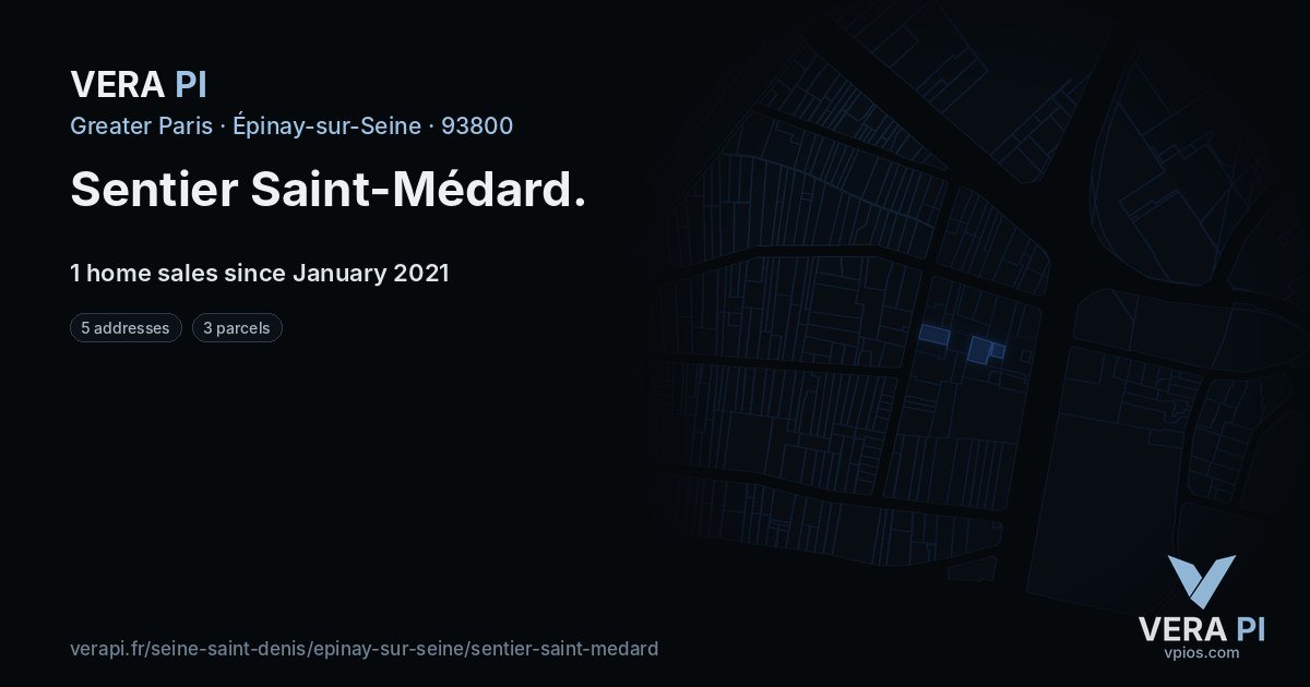 Sentier Saint-Médard, Épinay-sur-Seine at night – every parcel coloured by the prices around it, the street's own parcels lit