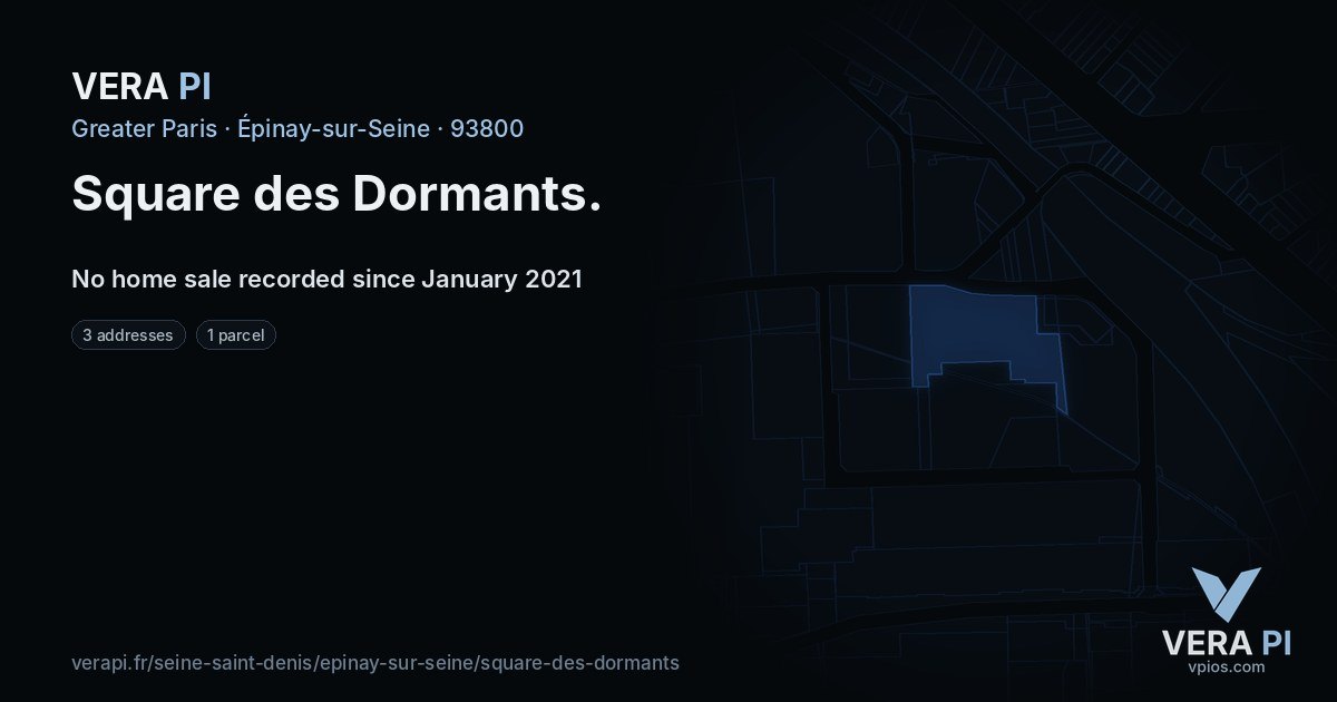 Square des Dormants, Épinay-sur-Seine at night – every parcel coloured by the prices around it, the street's own parcels lit