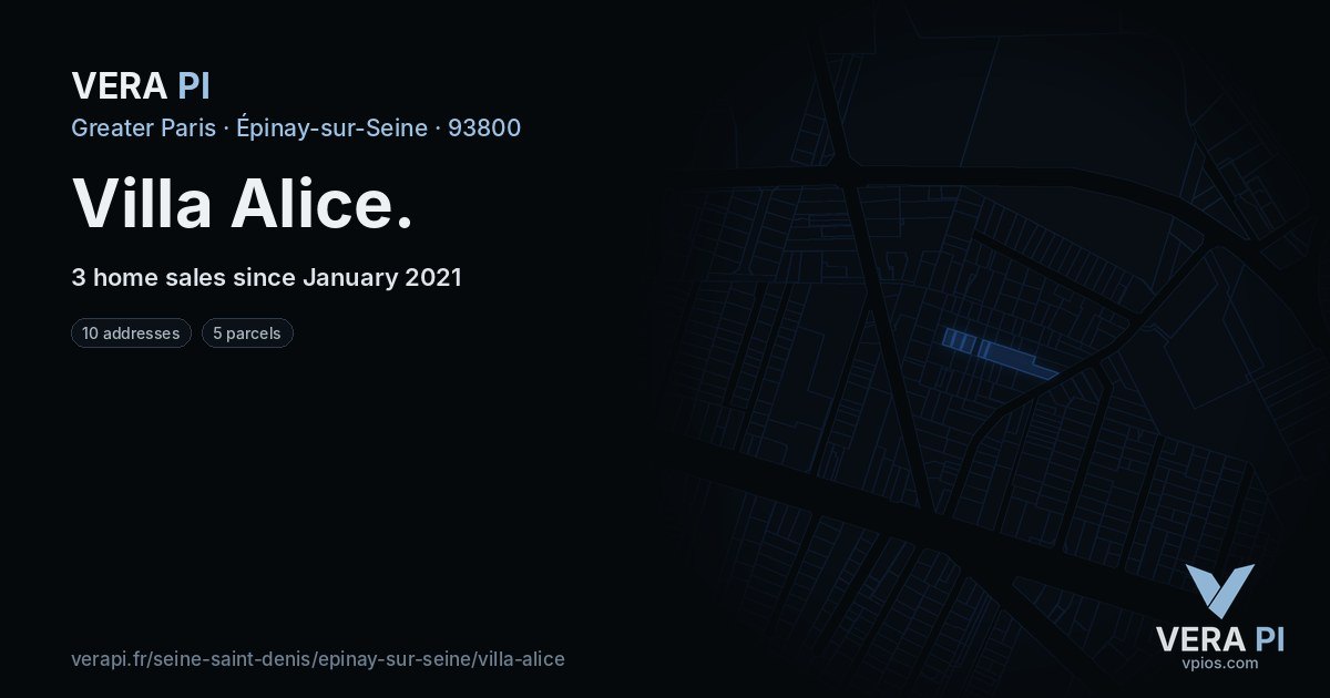Villa Alice, Épinay-sur-Seine at night – every parcel coloured by the prices around it, the street's own parcels lit
