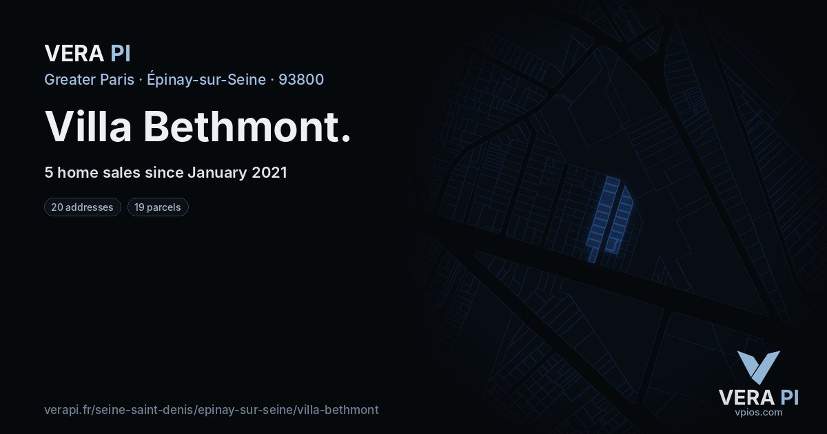 Villa Bethmont, Épinay-sur-Seine at night – every parcel coloured by the prices around it, the street's own parcels lit