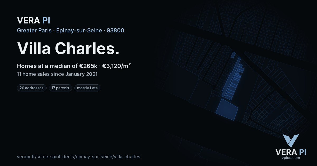 Villa Charles, Épinay-sur-Seine at night – every parcel coloured by the prices around it, the street's own parcels lit