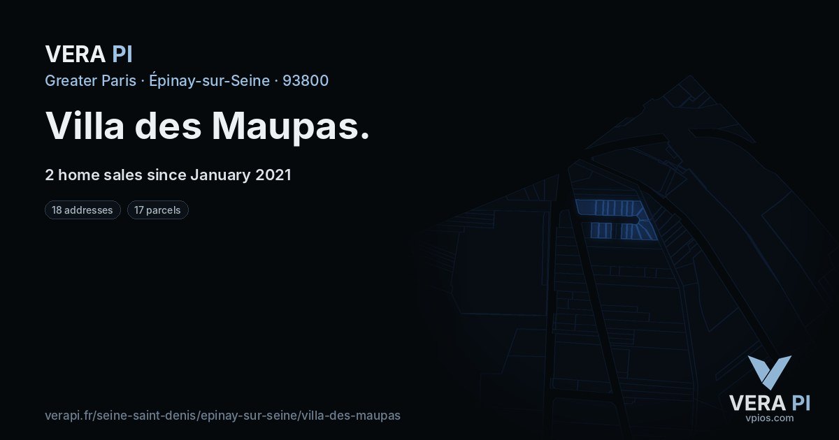Villa des Maupas, Épinay-sur-Seine at night – every parcel coloured by the prices around it, the street's own parcels lit