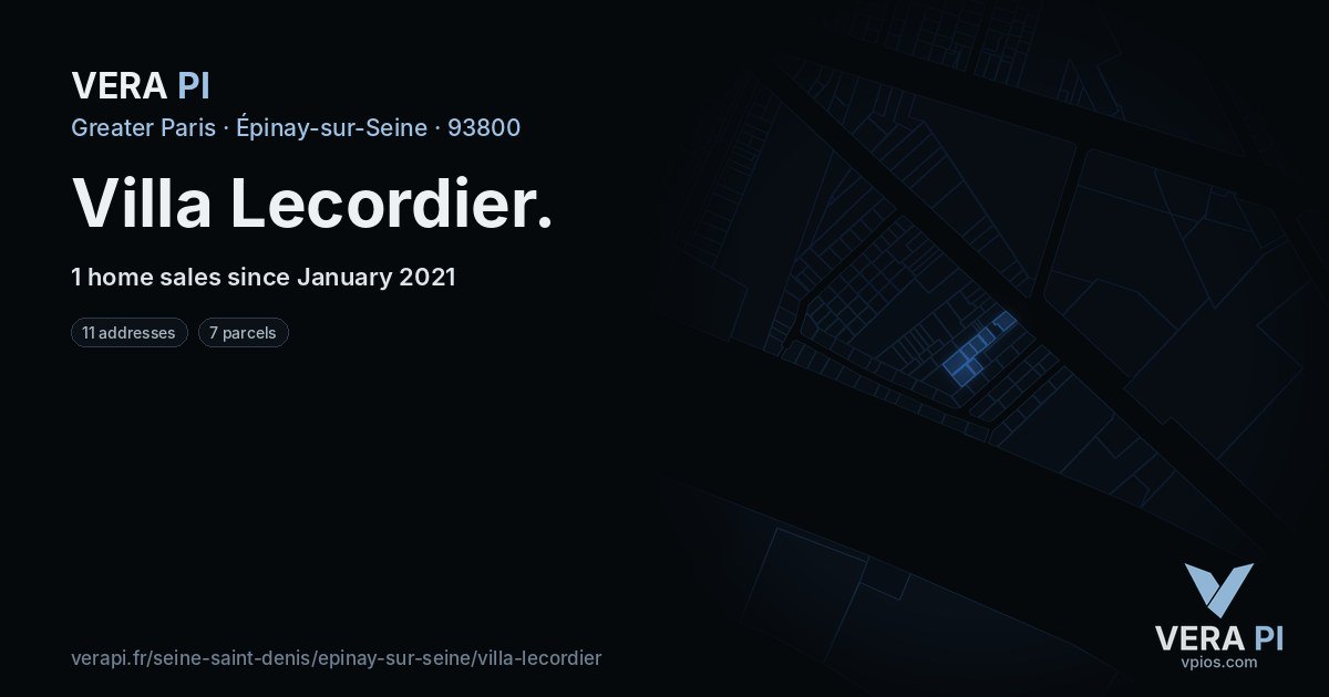 Villa Lecordier, Épinay-sur-Seine at night – every parcel coloured by the prices around it, the street's own parcels lit