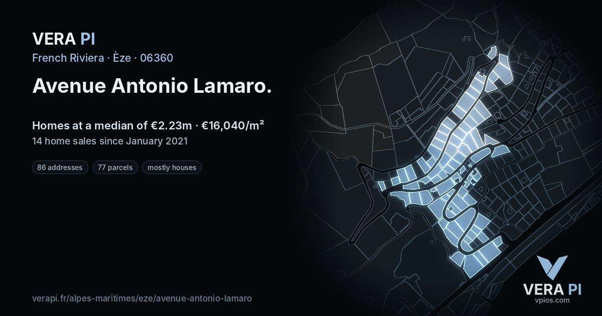 Avenue Antonio Lamaro, Èze at night – every parcel coloured by the prices around it, the street's own parcels lit