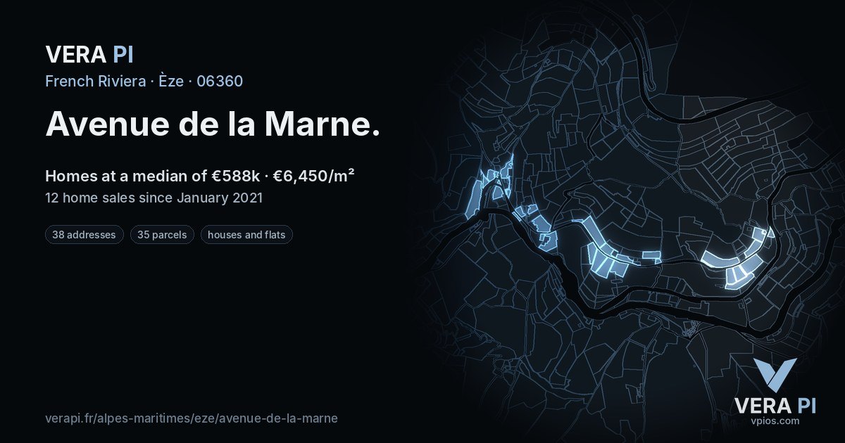 Avenue de la Marne, Èze at night – every parcel coloured by the prices around it, the street's own parcels lit
