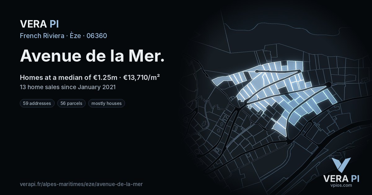 Avenue de la Mer, Èze at night – every parcel coloured by the prices around it, the street's own parcels lit