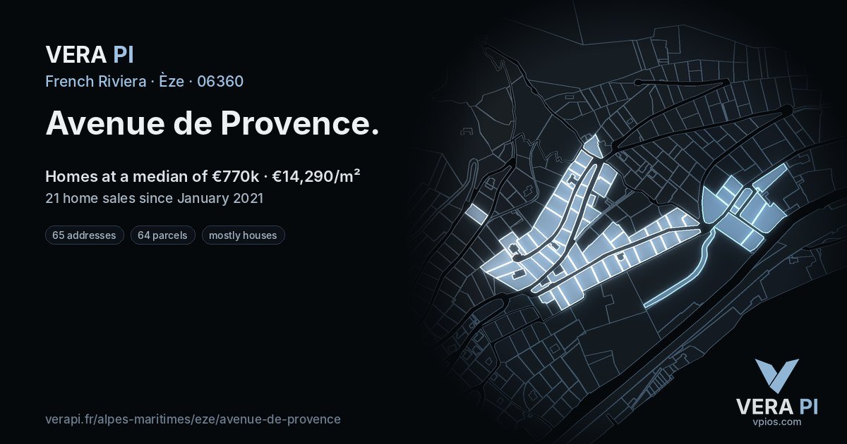 Avenue de Provence, Èze at night – every parcel coloured by the prices around it, the street's own parcels lit