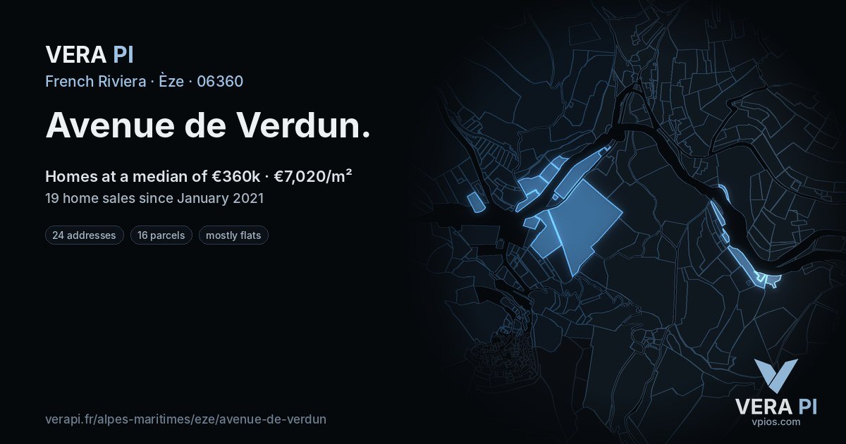 Avenue de Verdun, Èze at night – every parcel coloured by the prices around it, the street's own parcels lit