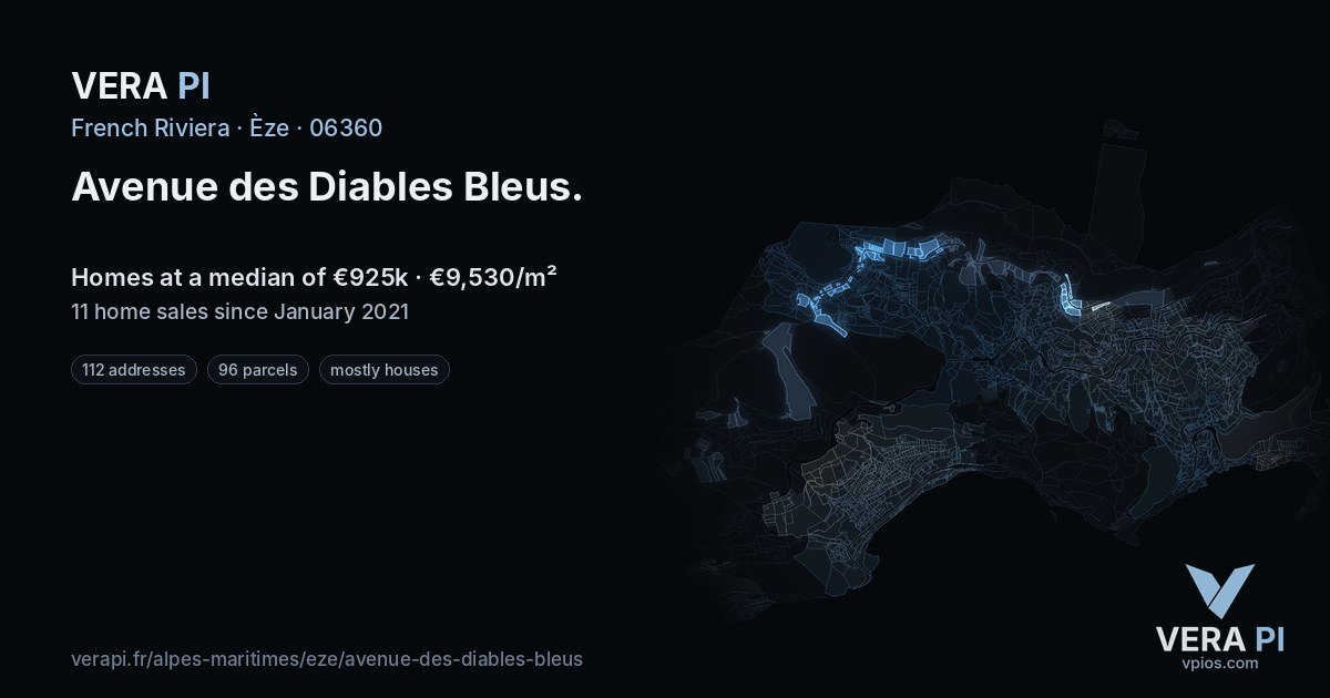 Avenue des Diables Bleus, Èze at night – every parcel coloured by the prices around it, the street's own parcels lit