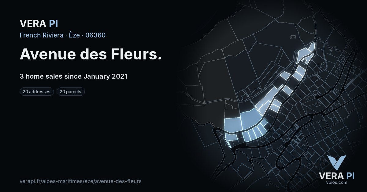 Avenue des Fleurs, Èze at night – every parcel coloured by the prices around it, the street's own parcels lit