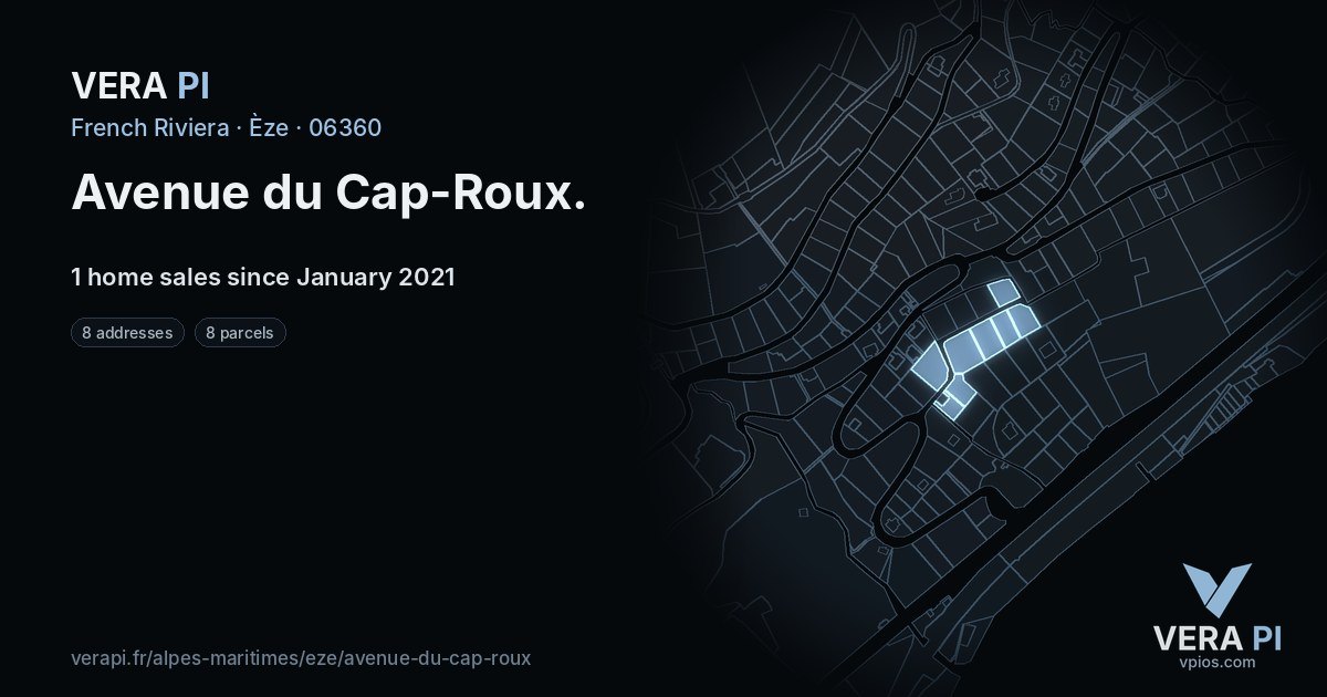 Avenue du Cap-Roux, Èze at night – every parcel coloured by the prices around it, the street's own parcels lit
