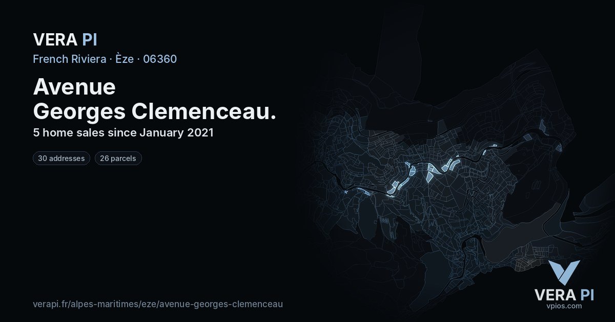 Avenue Georges Clemenceau, Èze at night – every parcel coloured by the prices around it, the street's own parcels lit