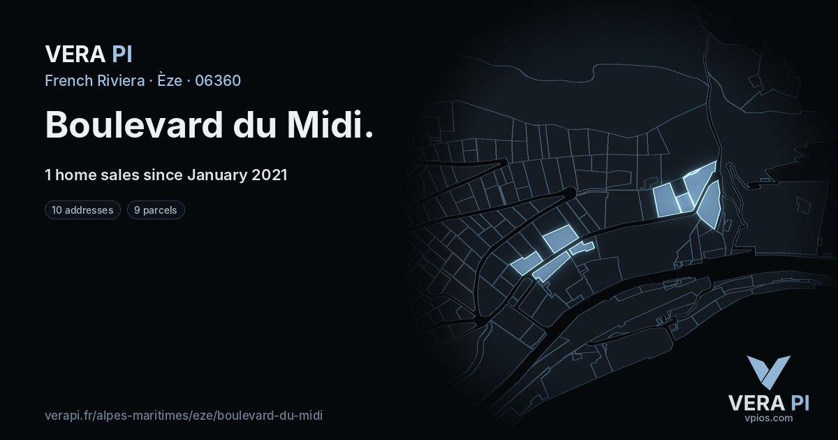 Boulevard du Midi, Èze at night – every parcel coloured by the prices around it, the street's own parcels lit