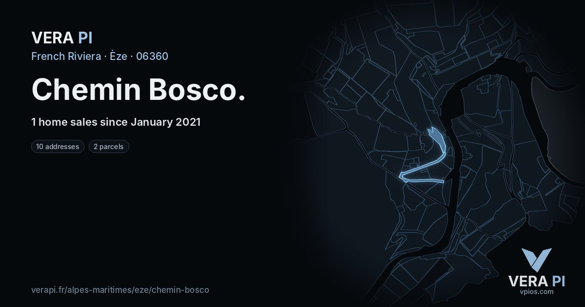 Chemin Bosco, Èze at night – every parcel coloured by the prices around it, the street's own parcels lit