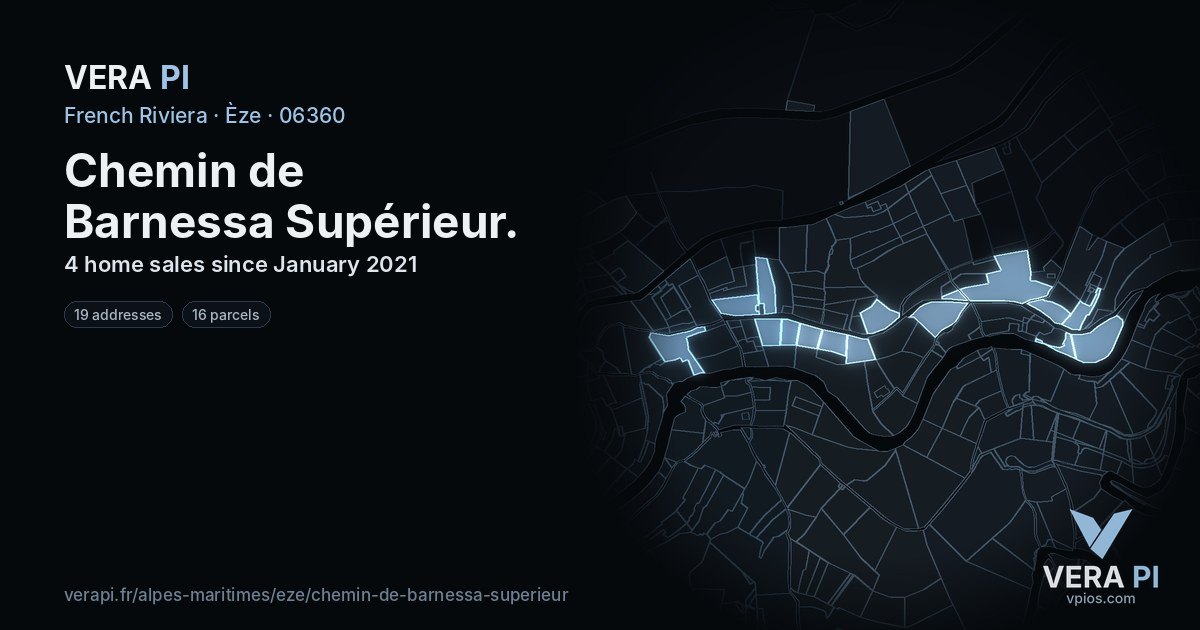 Chemin de Barnessa Supérieur, Èze at night – every parcel coloured by the prices around it, the street's own parcels lit