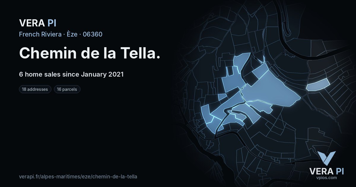 Chemin de la Tella, Èze at night – every parcel coloured by the prices around it, the street's own parcels lit