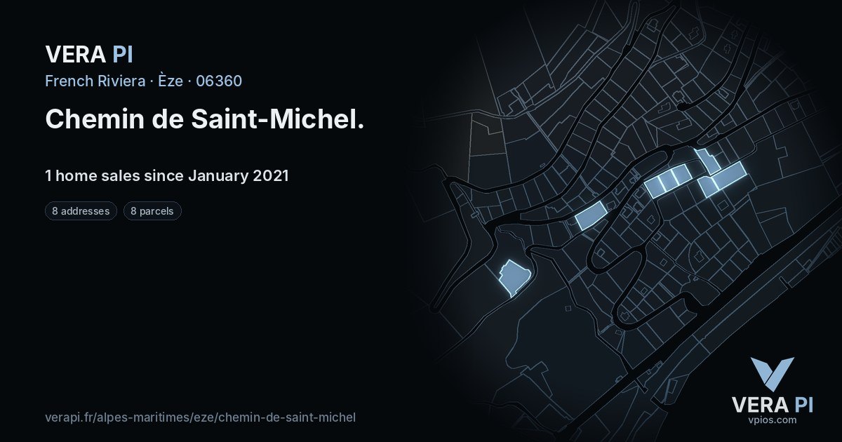 Chemin de Saint-Michel, Èze at night – every parcel coloured by the prices around it, the street's own parcels lit