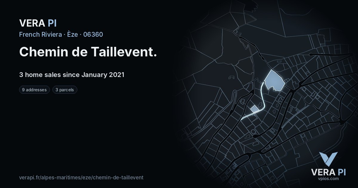 Chemin de Taillevent, Èze at night – every parcel coloured by the prices around it, the street's own parcels lit