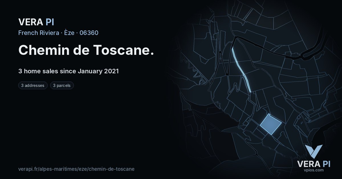 Chemin de Toscane, Èze at night – every parcel coloured by the prices around it, the street's own parcels lit