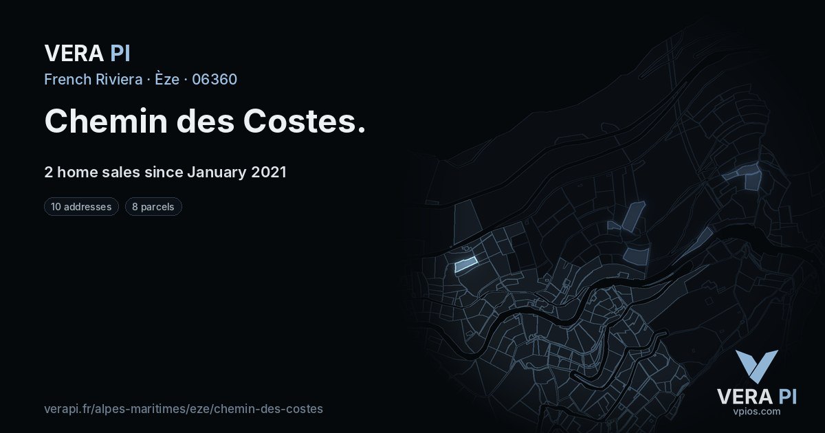 Chemin des Costes, Èze at night – every parcel coloured by the prices around it, the street's own parcels lit