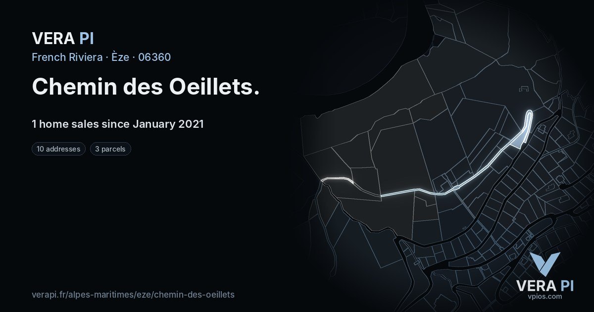 Chemin des Oeillets, Èze at night – every parcel coloured by the prices around it, the street's own parcels lit