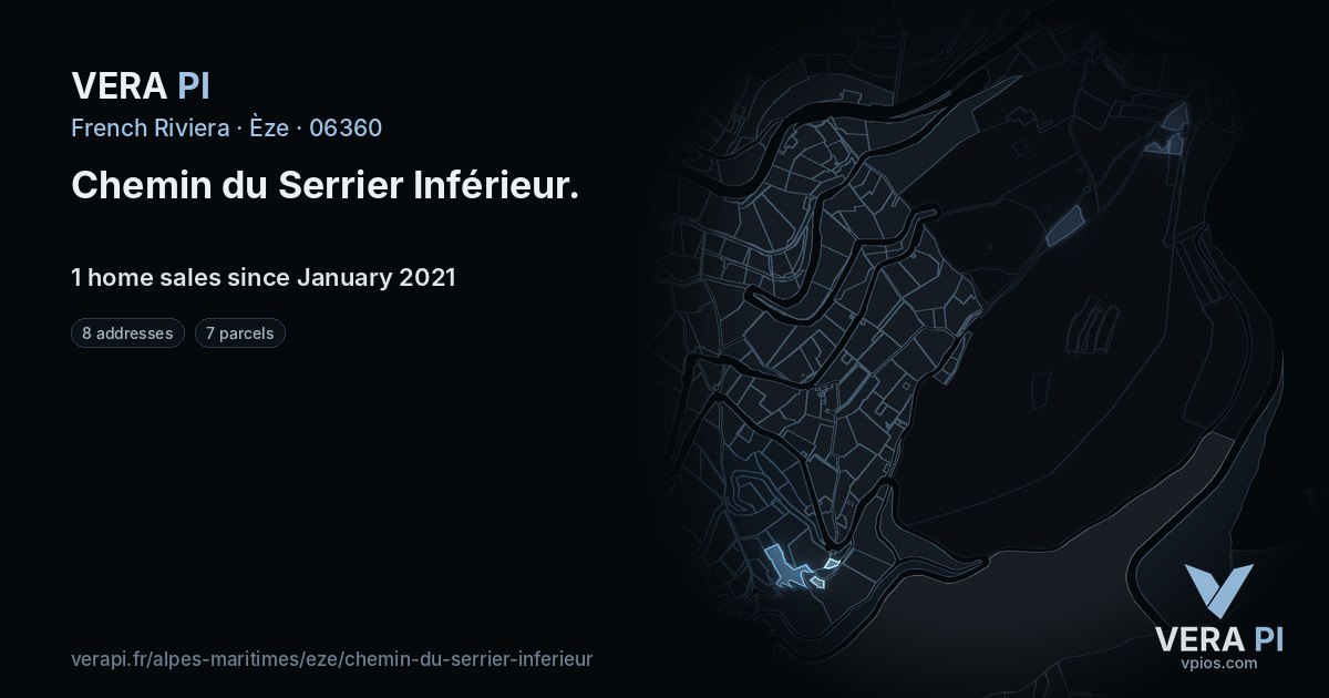 Chemin du Serrier Inférieur, Èze at night – every parcel coloured by the prices around it, the street's own parcels lit