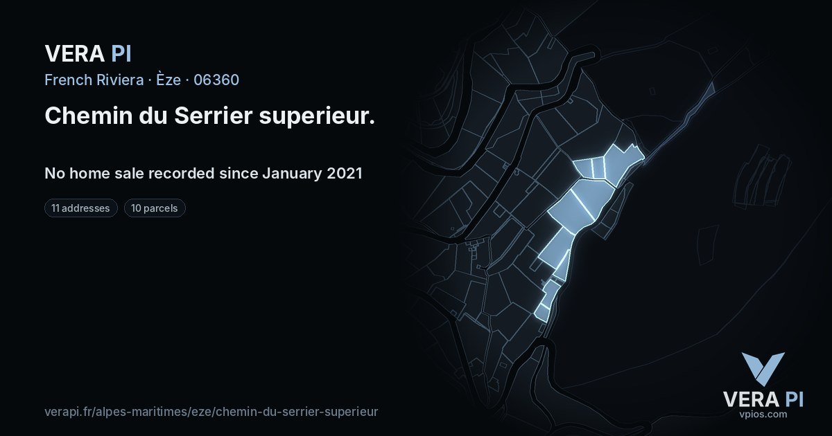 Chemin du Serrier superieur, Èze at night – every parcel coloured by the prices around it, the street's own parcels lit